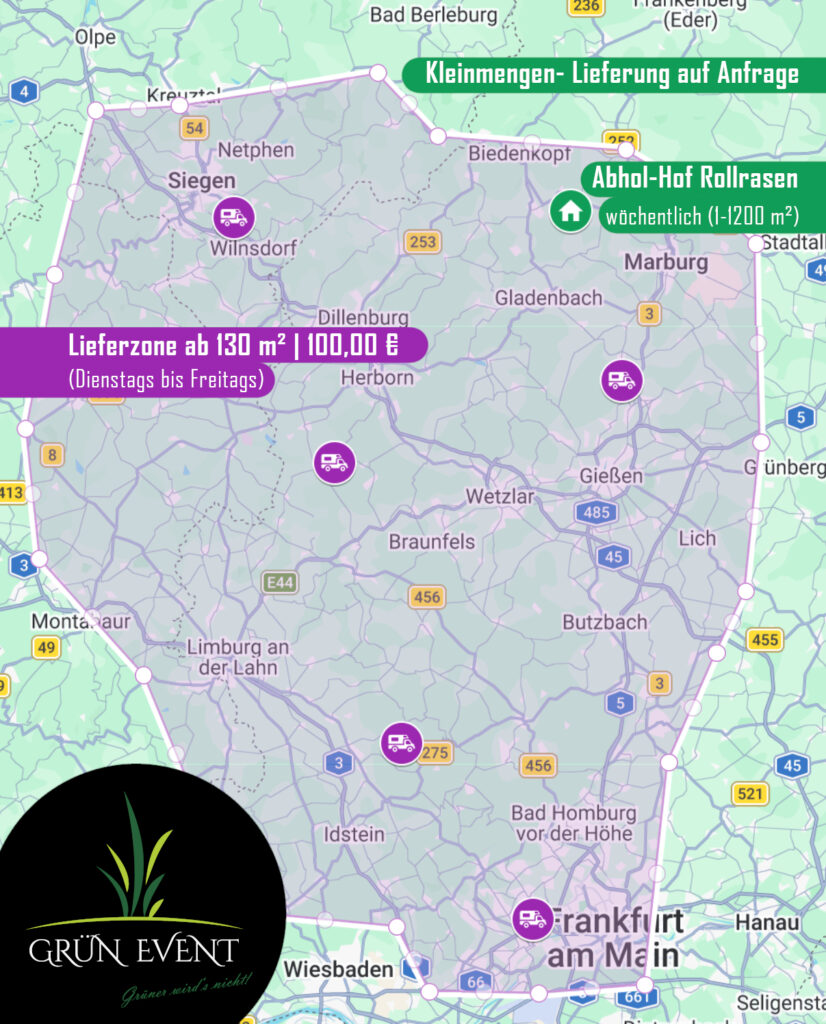 Liefergebiet von Rollrasen Grün Event